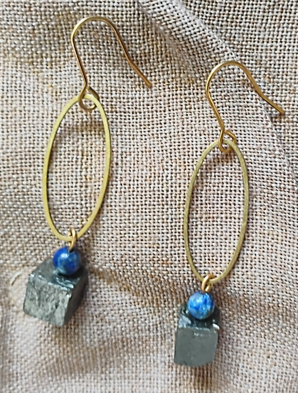 Pyrite Cube and Lapis Lazuli Earrings - Picture 1 of 5
